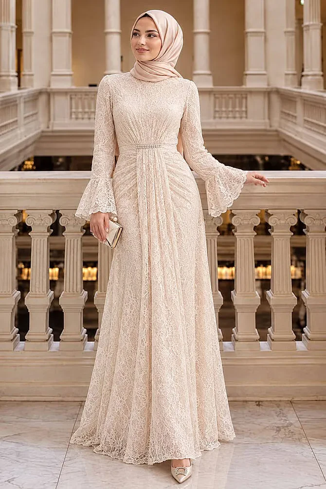 Dantelli Bej Tesettür Abiye Elbise 56621BEJ - 1