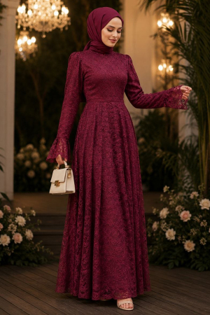  Dantelli Bordo Tesettür Abiye Elbise 6294BR 