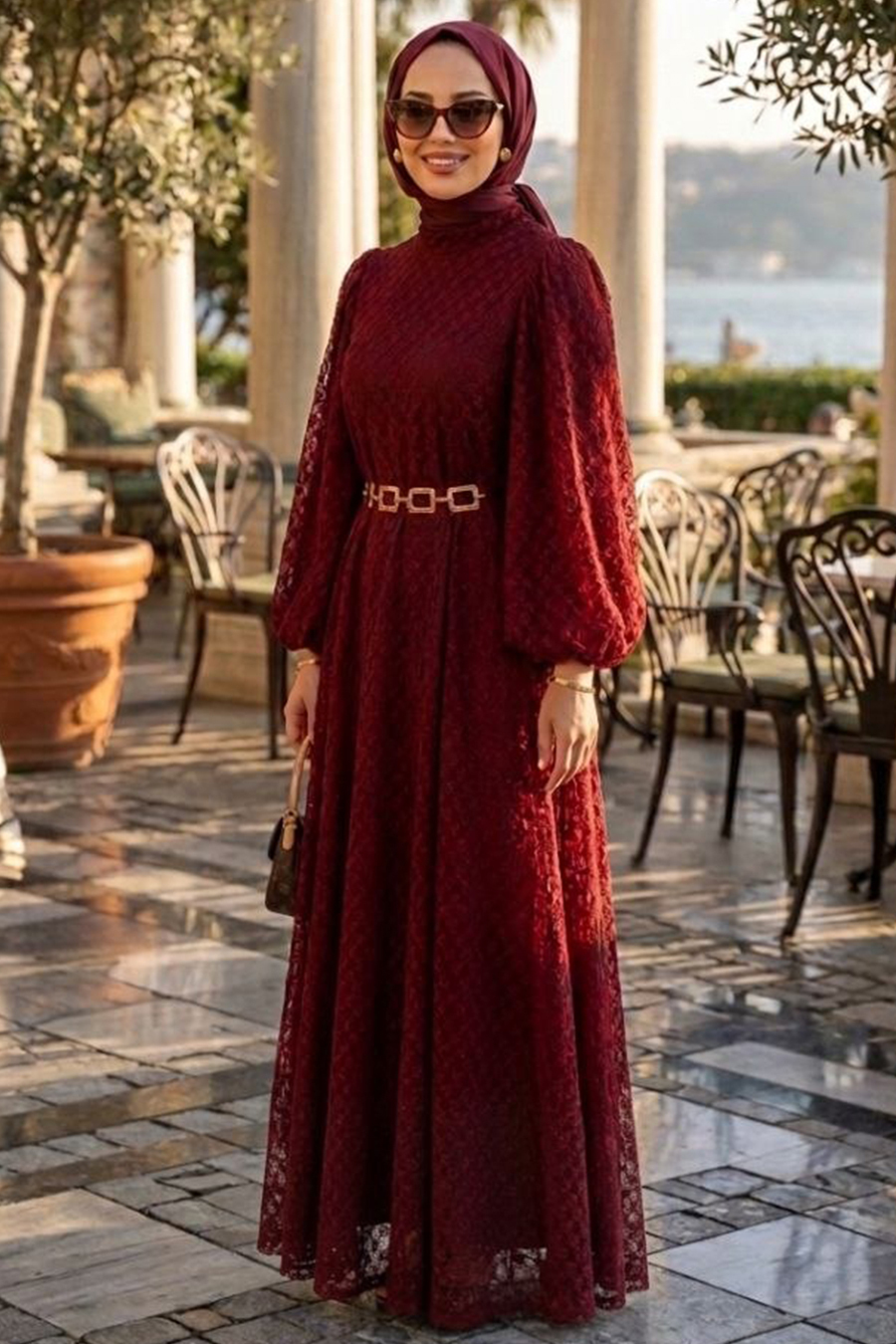 Dantelli Bordo Tesettür Elbise 54123BR