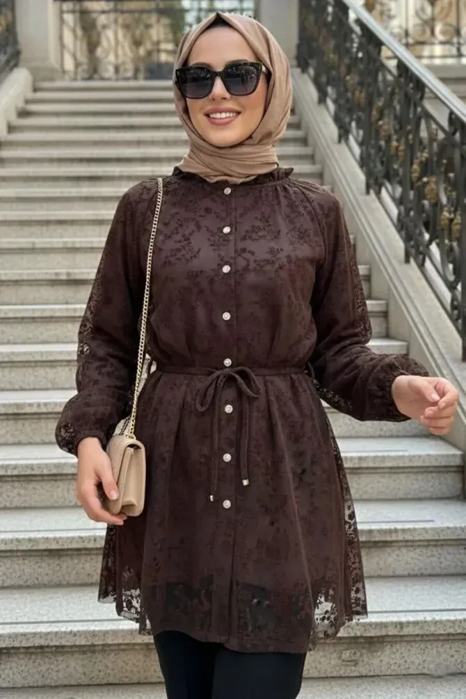 Dantelli Kahverengi Tesettür Tunik 11018KH - 1