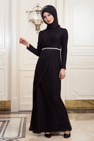 Dantelli Siyah Tesettür Abiye Elbise 191901S - Thumbnail