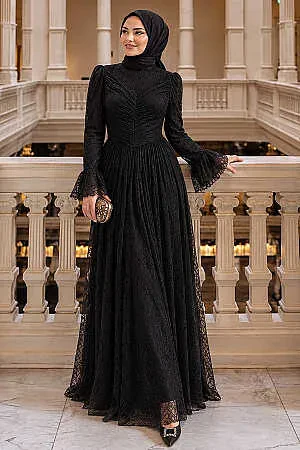 Dantelli Siyah Tesettür Abiye Elbise 56561S 