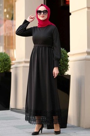 Dantelli Siyah Tesettür Elbise 11101S - Thumbnail