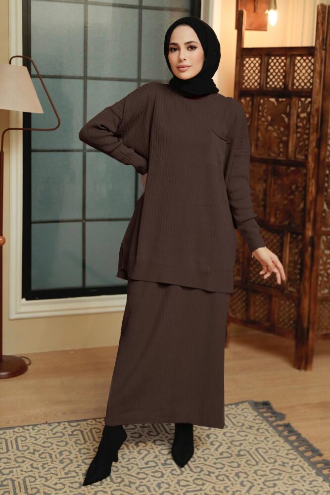 Dark Brown Hijab Knitwear Suit Dress 34021KKH - 1