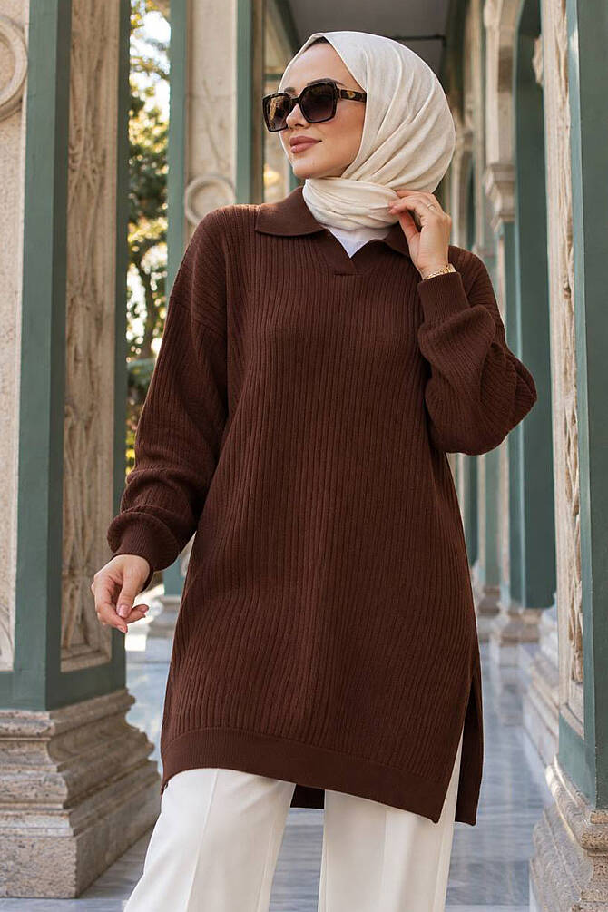 Dark Brown Modest Knit Sweater 10921KKH - 1
