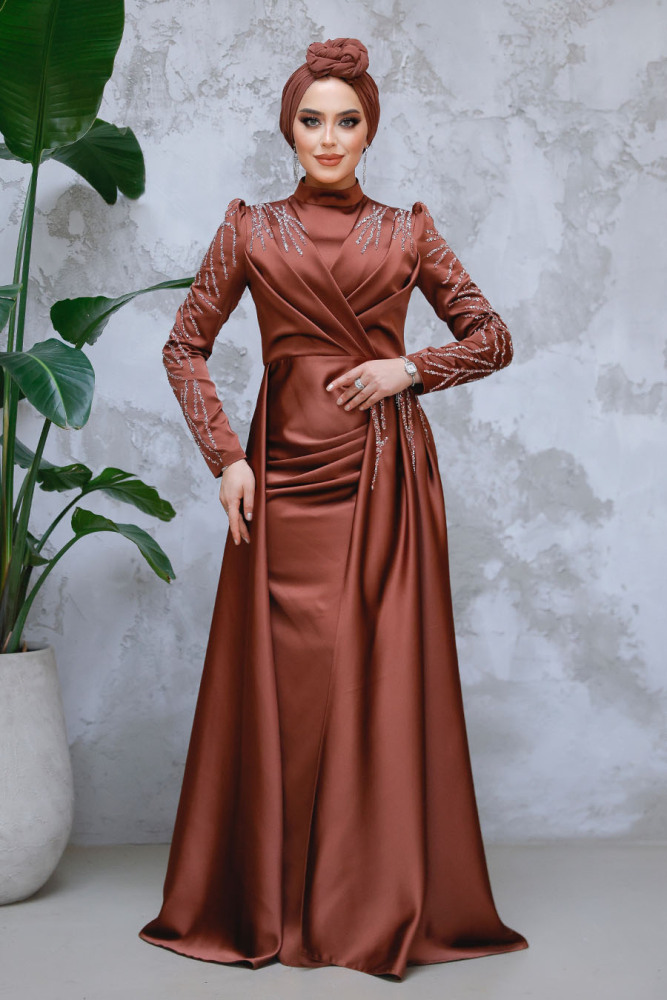 Dark Brown Modest Long Satin Dress 43381KKH - 1