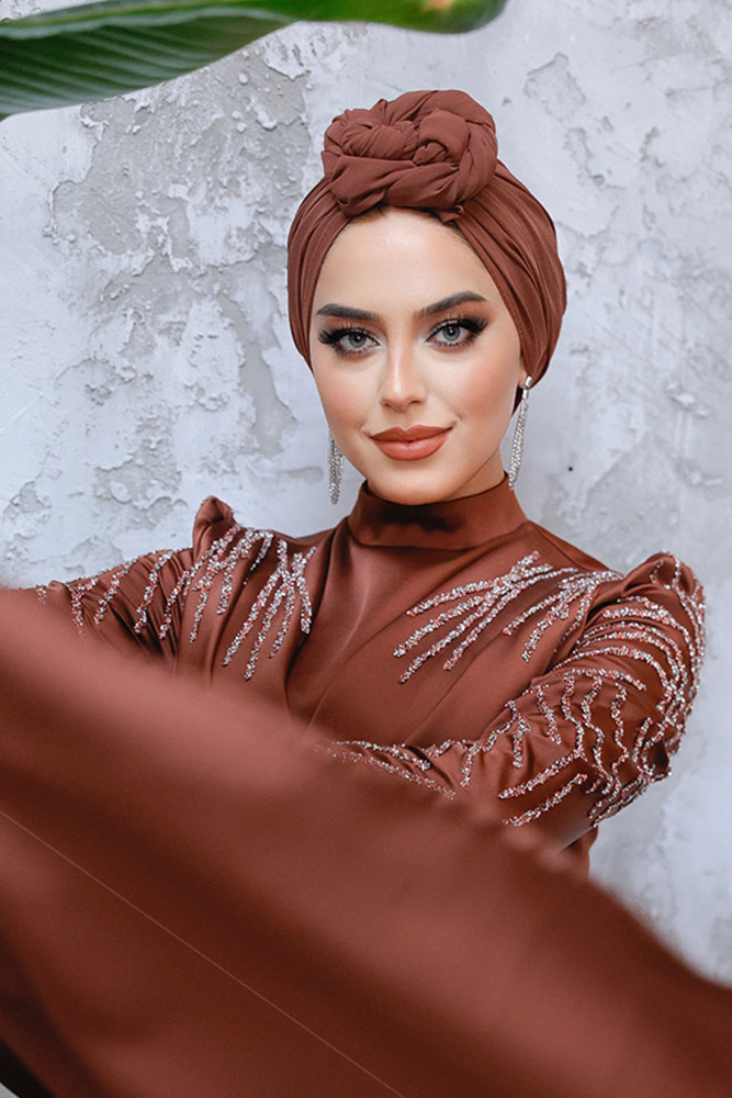 Dark Brown Modest Long Satin Dress 43381KKH - 4