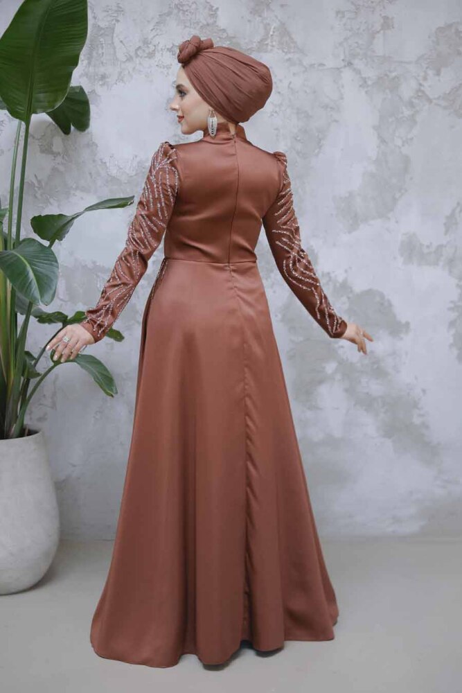 Dark Brown Modest Long Satin Dress 43381KKH - 5