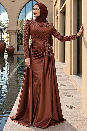 Dark Brown Modest Long Satin Dress 43381KKH - 1