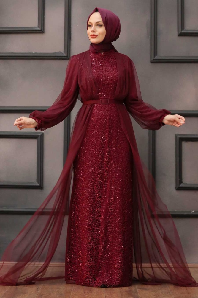 Neva Style - Luxorious Dark Claret Red Islamic Evening Gown 5383KBR - 1