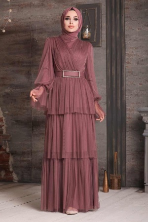 Dark Dusty Rose Hijab Evening Dress 21320KGK - 1