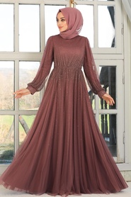 Dark Dusty Rose Hijab Evening Dress 21501KGK - Thumbnail