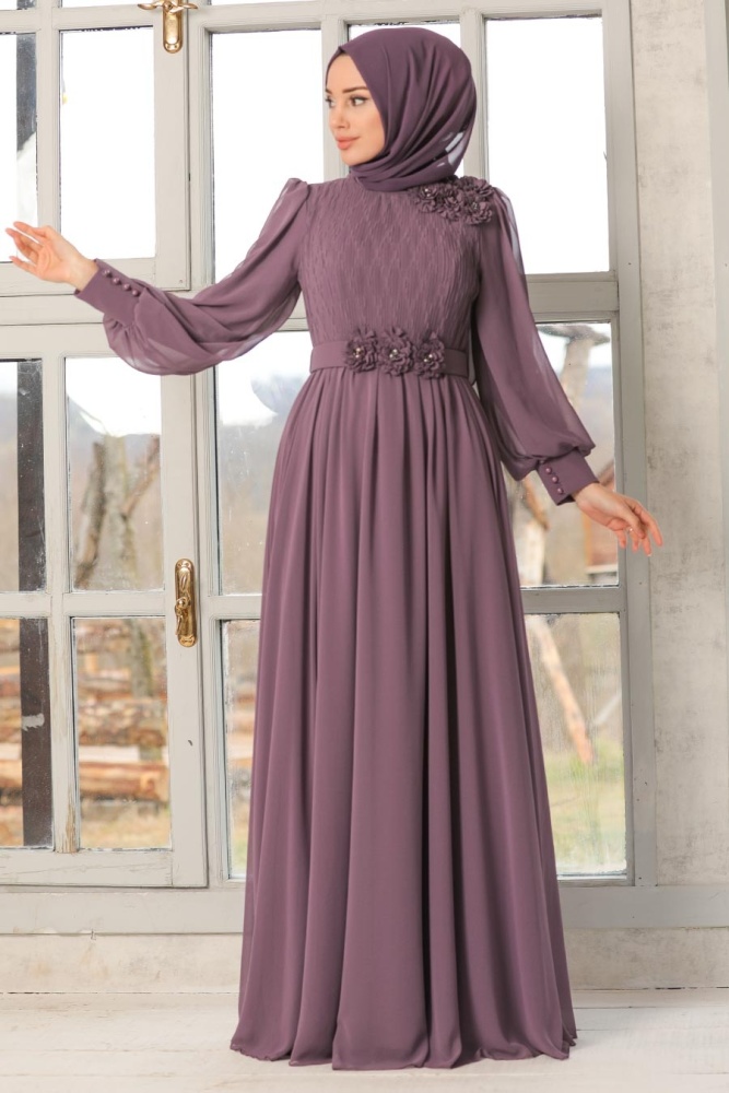 Dark Dusty Rose Hijab Evening Dress 21951KGK - 1