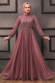 Neva Style -Stylish Dark Dusty Rose Islamic Long Sleeve Dress 22021KGK - Thumbnail