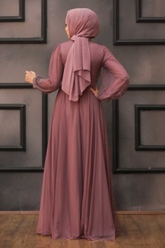 Neva Style -Stylish Dark Dusty Rose Islamic Long Sleeve Dress 22021KGK - Thumbnail
