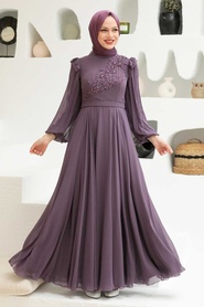 Neva Style - Long Sleeve Dark Dusty Rose Hijab Dress 22110KGK - Thumbnail