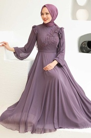 Neva Style - Long Sleeve Dark Dusty Rose Hijab Dress 22110KGK - Thumbnail