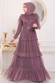 Dark Dusty Rose Hijab Evening Dress 4097KGK - Thumbnail