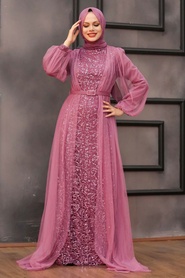 Neva Style - Luxorious Dark Dusty Rose Islamic Evening Gown 5383KGK - Thumbnail