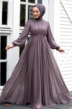 Dark Lila Hijab Evening Dress 21680KLILA - 1