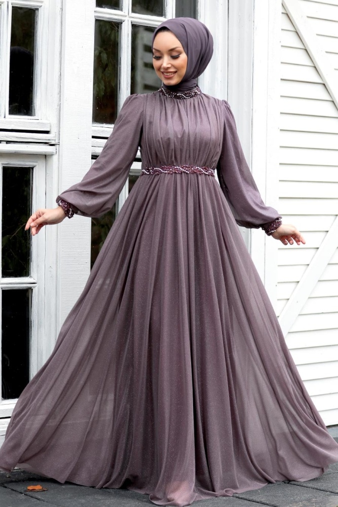 Dark Lila Hijab Evening Dress 21680KLILA - 1