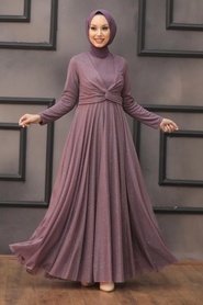 Neva Style - Plus Size Dark Lila Islamic Clothing Evening Dress 5397KLILA - Thumbnail