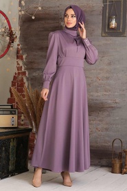 Dark Lila Hijab Evening Dress 7627KLILA - Thumbnail
