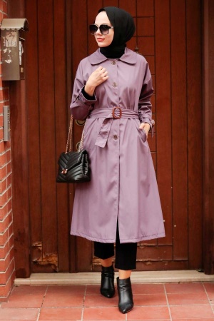 Dark Lila Hijab Trenchcoat 5169KLILA - Thumbnail