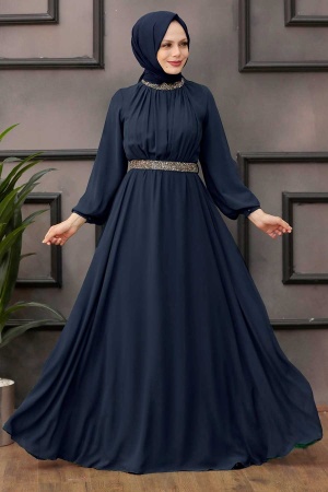 Neva Style - Modern Dark Navy Blue Islamic Clothing Wedding Dress 5339KL - 1