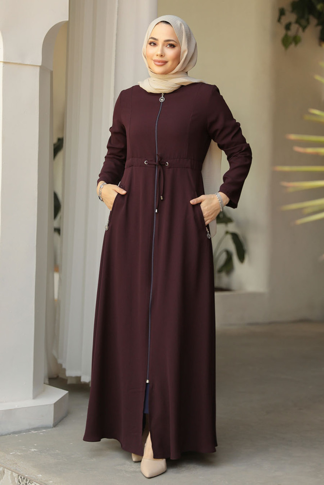 Dark Plum Color Hijab Turkish Abaya 60125KMU - 1