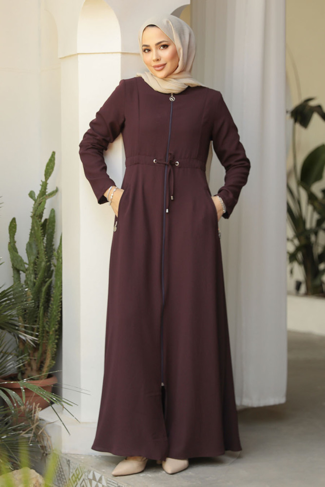 Dark Plum Color Hijab Turkish Abaya 60125KMU - 3