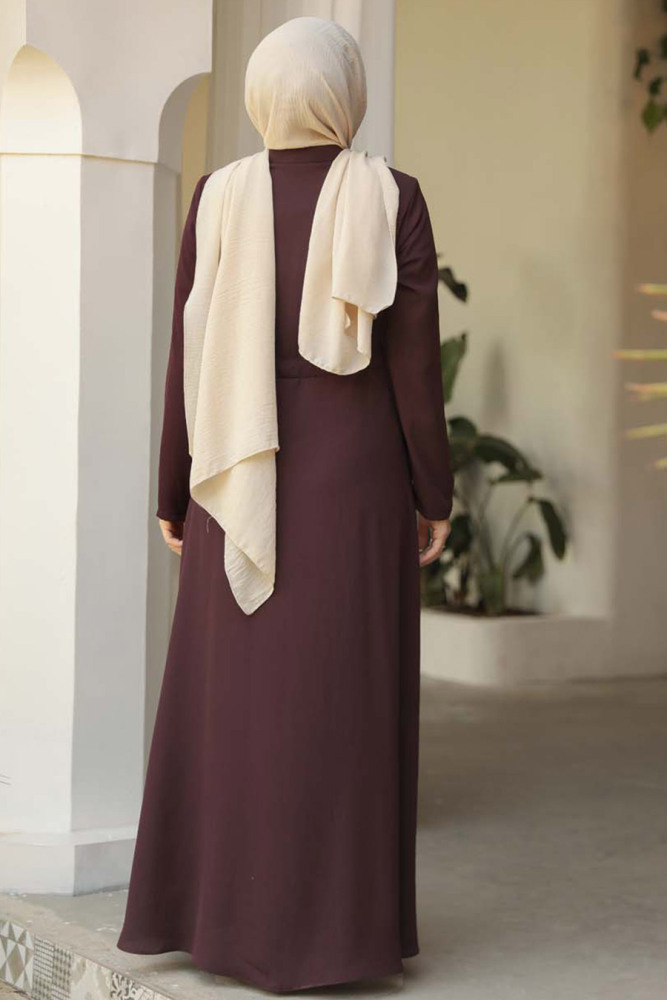 Dark Plum Color Hijab Turkish Abaya 60125KMU - 4