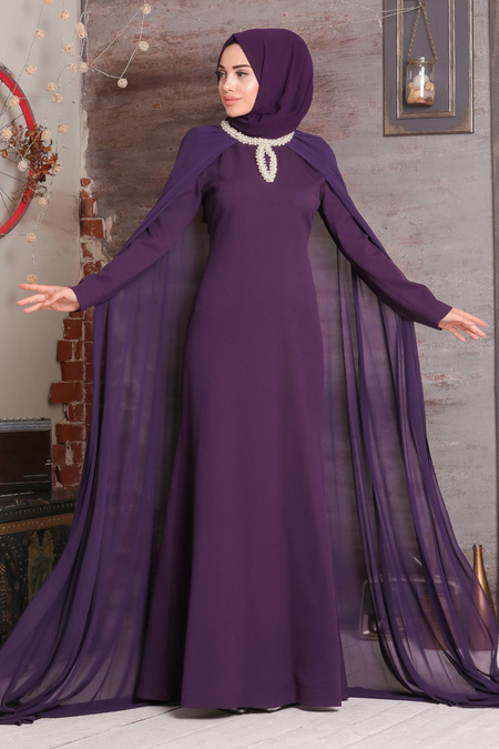 Dark Purple Hijab Evening Dress 3659MU