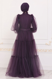 Dark Purple Hijab Evening Dress 40350MU - Thumbnail