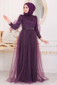 Neva Style - Stylish Dark Purple Muslim Wedding Dress 40440MU - Thumbnail