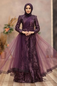 Dark Purple Hijab Evening Dress 40732MU - Thumbnail