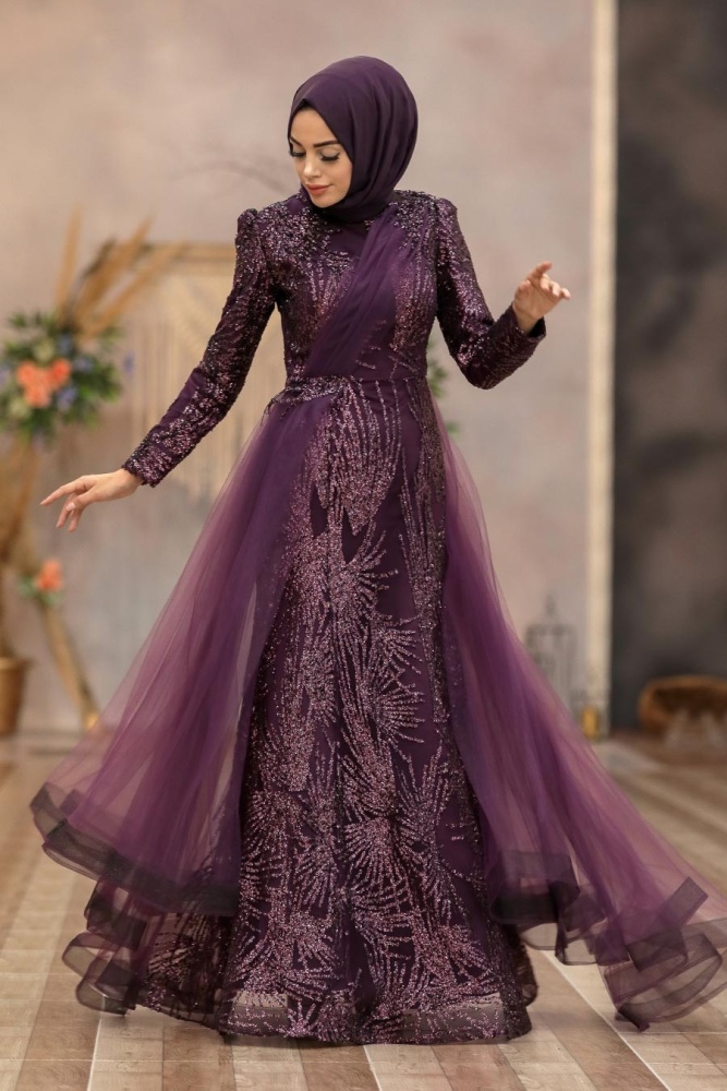 Dark Purple Hijab Evening Dress 40732MU - 2