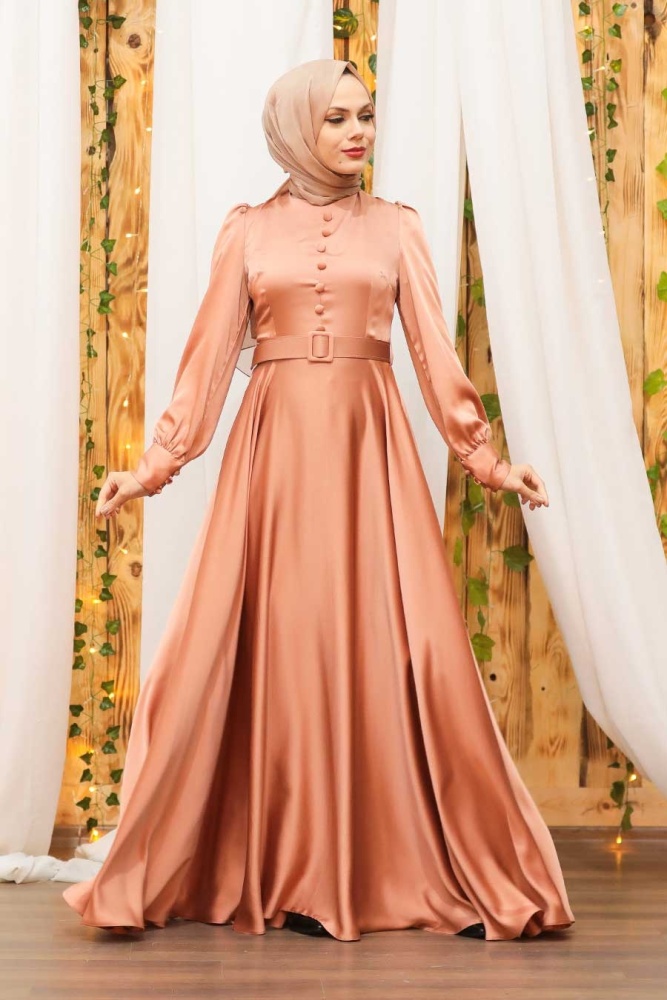 Neva Style - Luxorious Dark Salmon Pink Islamic Wedding Gown 3038KSMN - 4