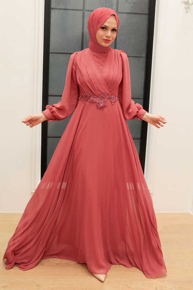 Neva Style - Stylish Dark Salmon Pink Islamic Evening Gown 3435KSMN - 1