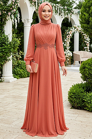 Neva Style - Stylish Dark Salmon Pink Islamic Evening Gown 3435KSMN - 1