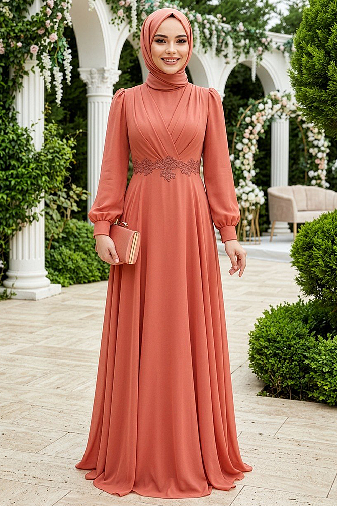 Neva Style - Stylish Dark Salmon Pink Islamic Evening Gown 3435KSMN - 1