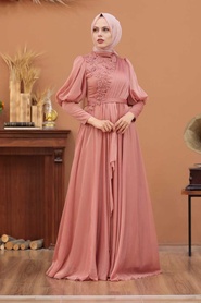 Neva Style - Modern Dark Salmon Pink Modest Bridesmaid Dress 41551KSMN - Thumbnail