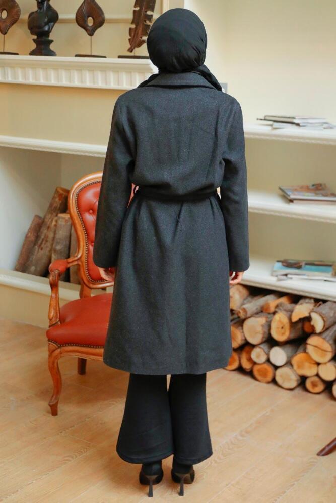 Dark Smoke Color Hijab Stamp Coat 70150KFU - 4