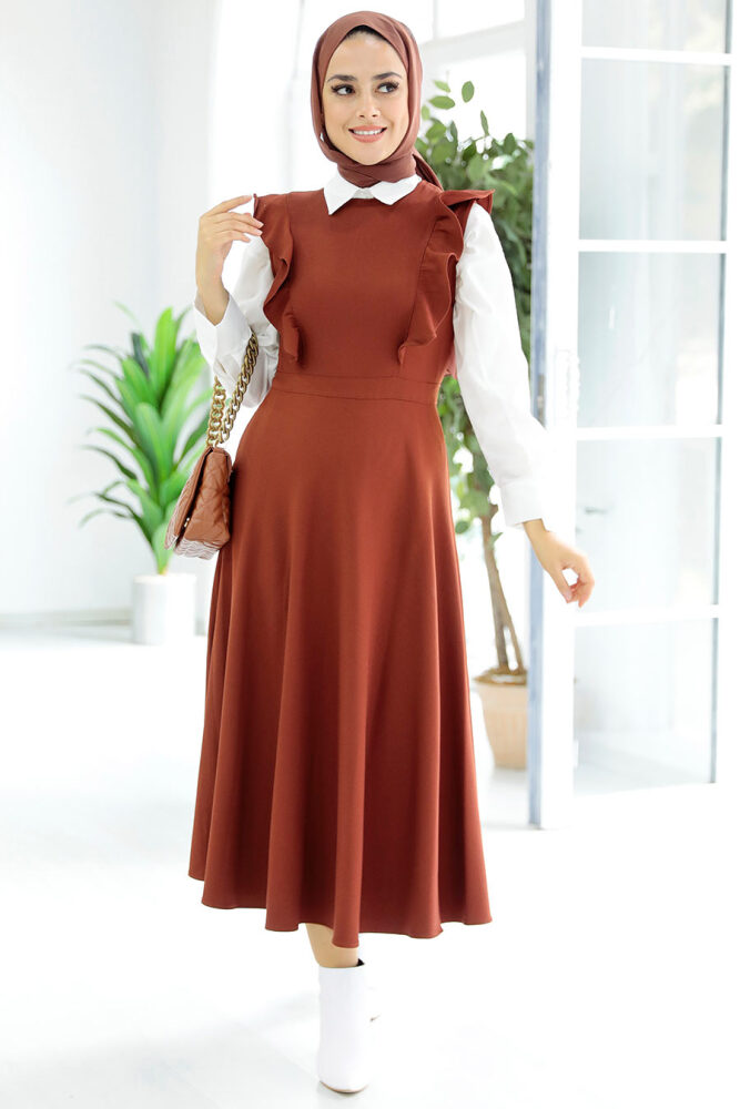 Dark Terra Cotta Hijab Gilet Dress 582KKRMT - 2
