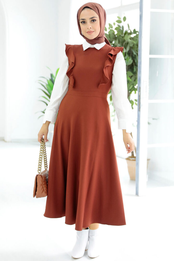 Dark Terra Cotta Hijab Gilet Dress 582KKRMT - 1
