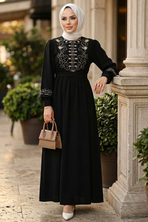 Desen Detailed Black Modest Dress 30136S - 1