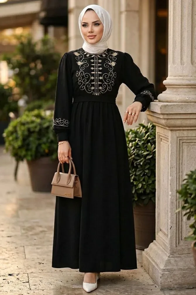 Desen Detailed Black Modest Dress 30136S - 1