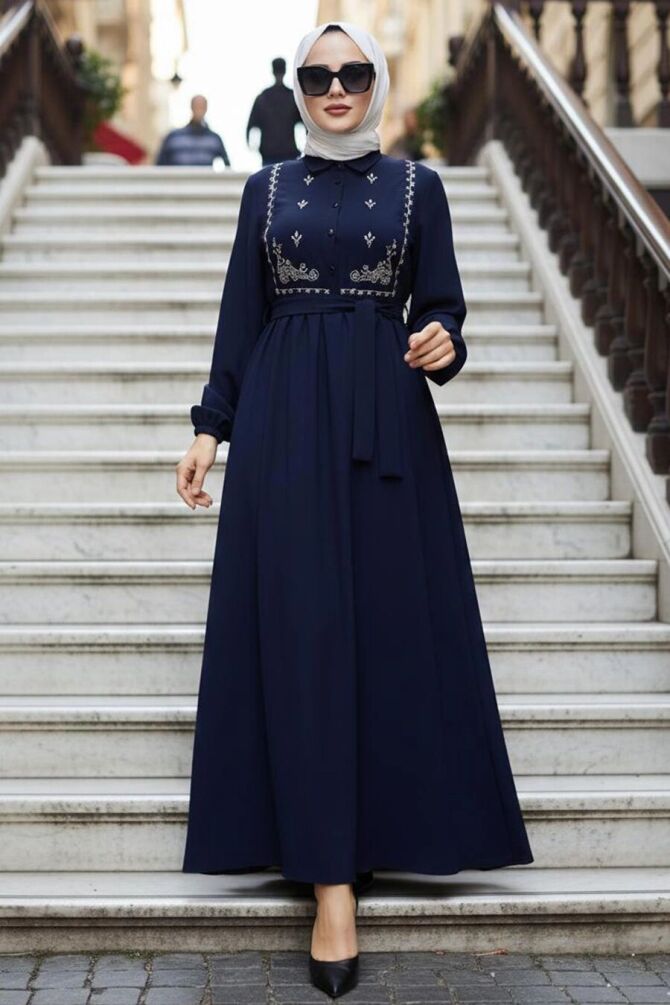 Desen Detailed Navy Blue Modest Dress 10304L - 1