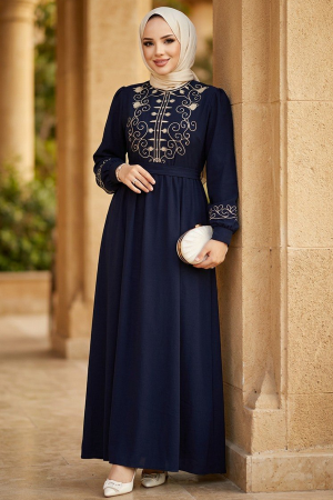 Desen Detailed Navy Blue Modest Dress 30136L 