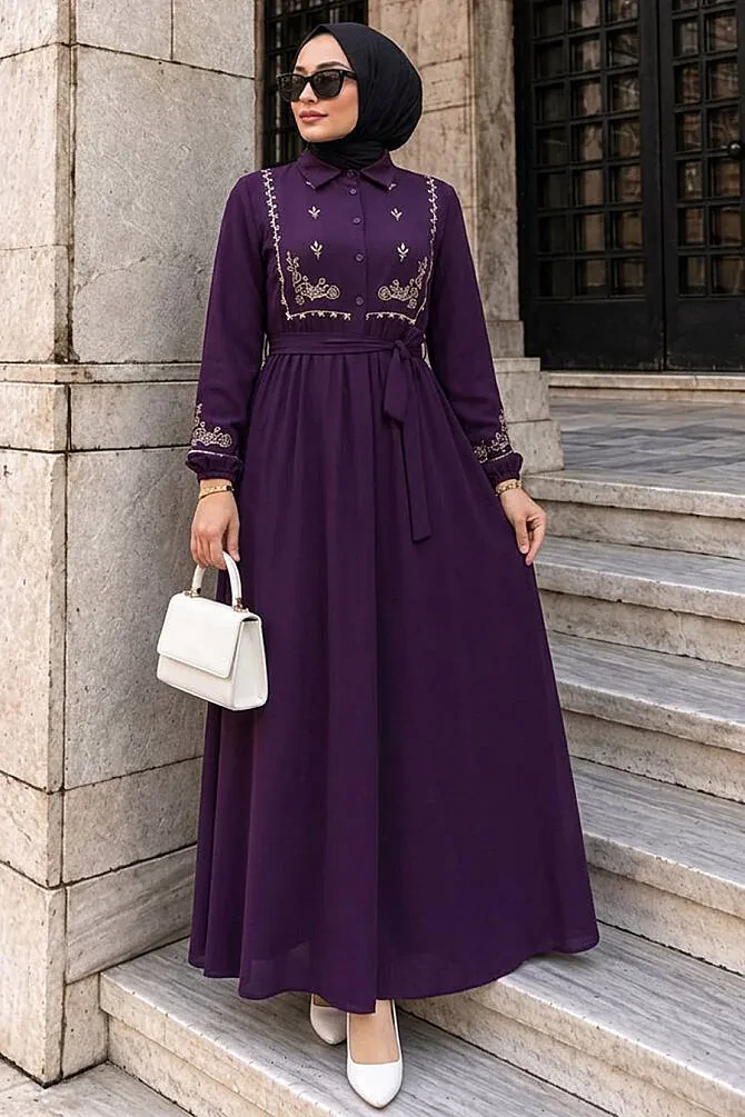 Desen Detailed Purple Modest Dress 10304MOR - 1